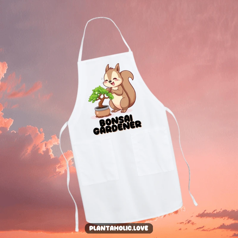 Funny squirrel apron showing a cheerful squirrel enthusiastically repotting a tiny, sparkling bonsai tree, ready for garden adventures.