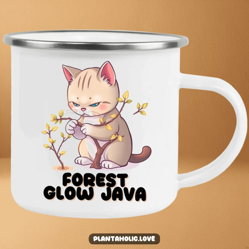 Funny Cat Pruner Camping Mug showing a determined cat pruning a glowing leafed miniature tree.