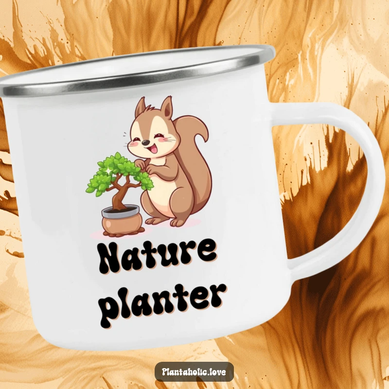 Funny squirrel camping mug depicting a happy squirrel enthusiastically repotting a tiny, sparkling bonsai tree, perfect for nature lovers.