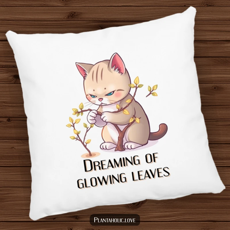 Funny Cat Pruner Pillow with a focused cat carefully pruning a miniature tree with glowing leaves.