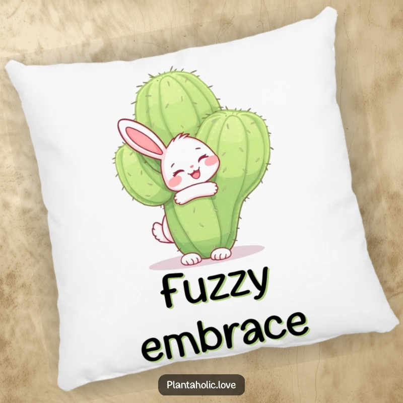 Funny bunny pillow depicting a happy bunny joyfully hugging a large, fuzzy cactus with a smile, offering plush comfort and a sweet message.