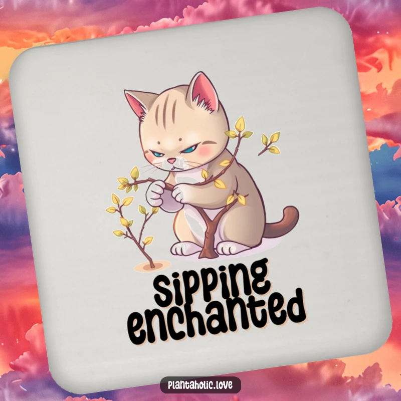 Funny Cat Pruner Drink Coaster with a focused cat pruning a miniature tree with glowing leaves.