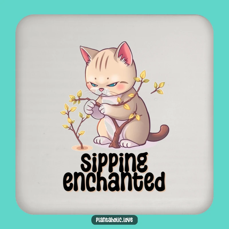 Funny Cat Pruner Drink Coaster: Meticulous Feline & Glowing Leaves Protector