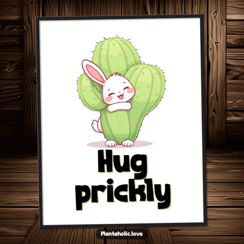 Funny bunny poster showcasing a joyful bunny hugging a large, fuzzy cactus with a smile, a heartwarming and amusing scene.