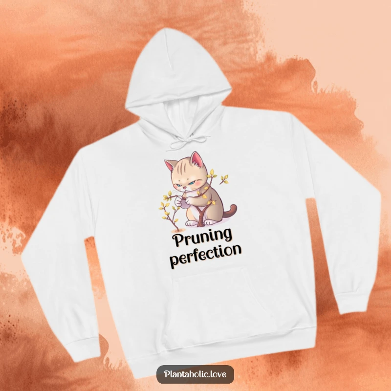 Funny Cat Pruner Hoodie depicting a focused cat tending to a small tree with luminous leaves.