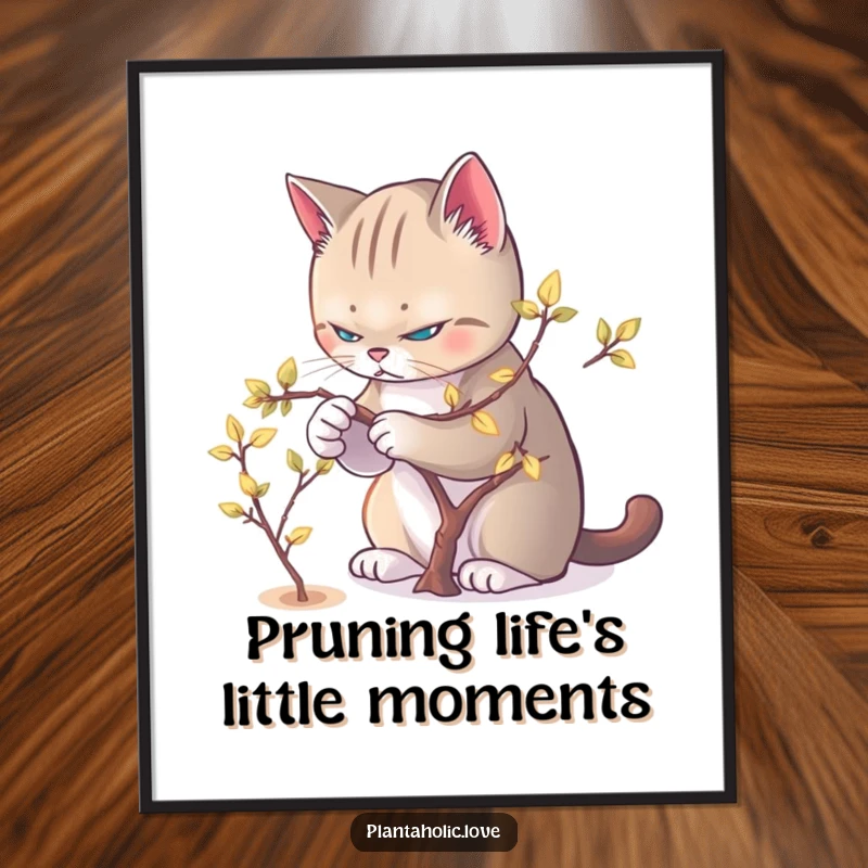 Funny Free Printable Wall Art: A determined cat intently pruning delicate, glowing leaves from a miniature tree in a serene setting.