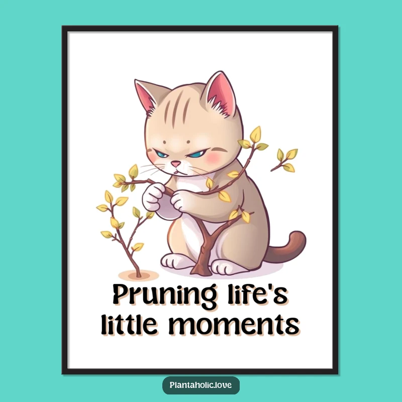 Funny Free Printable Wall Art: Focused Cat Pruning Glowing Tree, Magical Decor