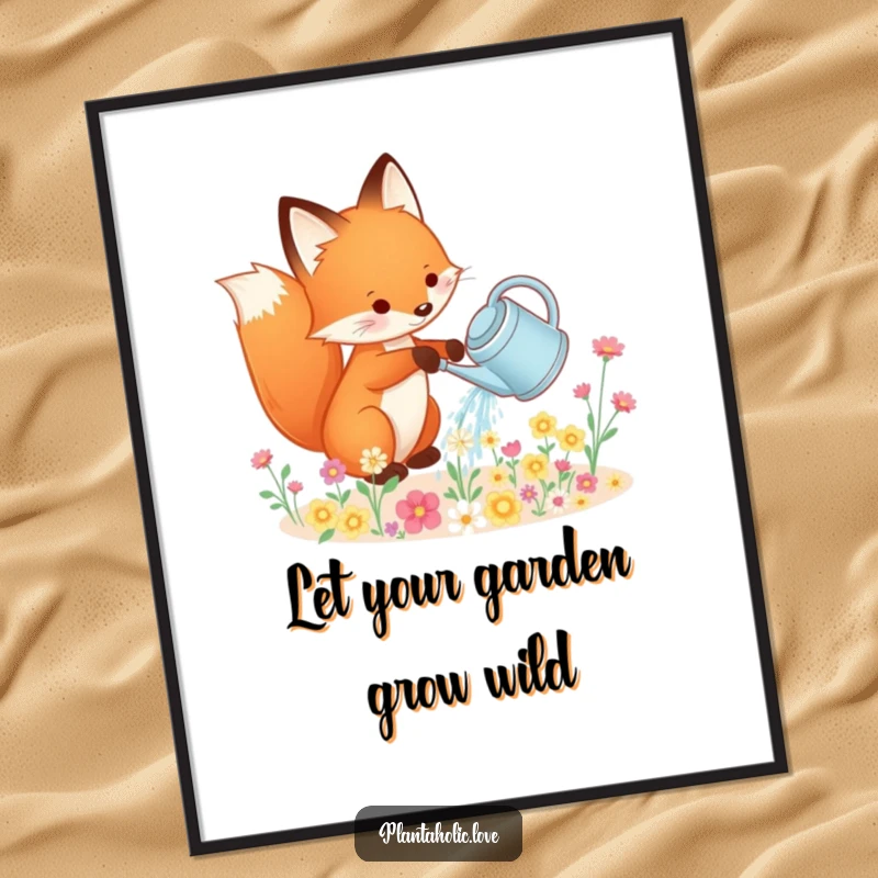 Funny Free Printable Wall Art: A charming fox waters a bounty of tiny flowers, creating a peaceful garden scene.