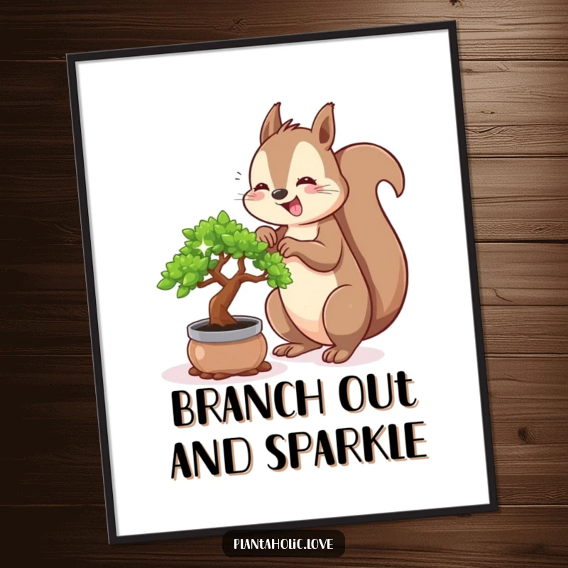 Funny Free Printable Wall Art: A cheerful squirrel is busy repotting a tiny, sparkling bonsai tree with care.