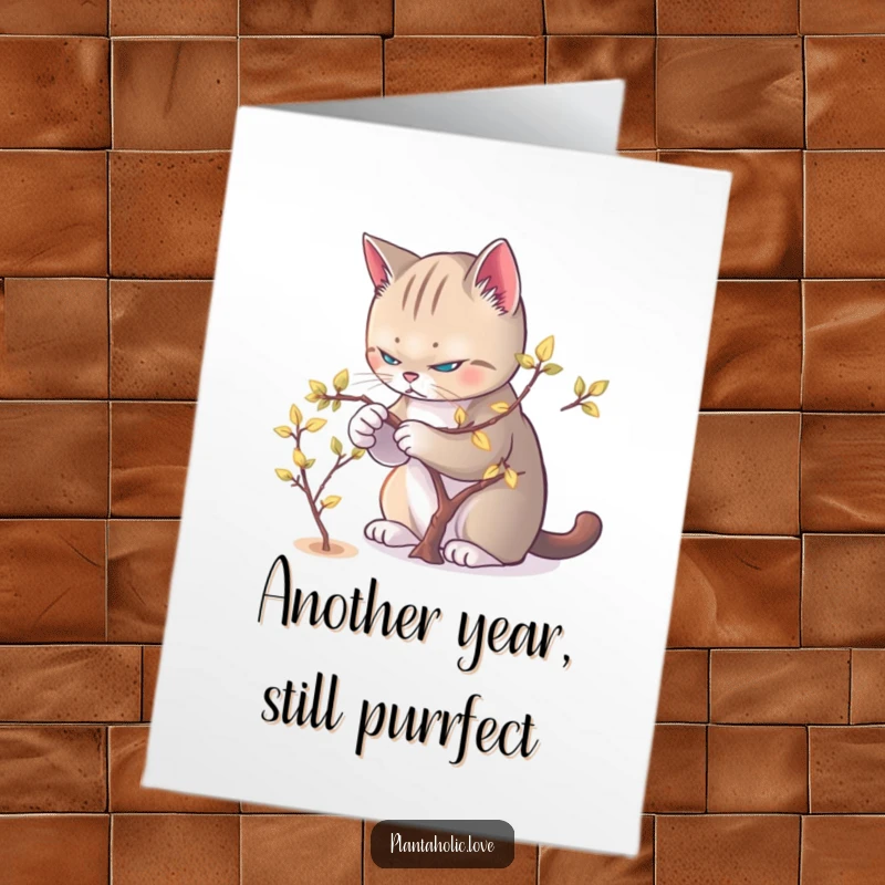 Funny Free Printable Birthday Card: A determined cat meticulously prunes glowing leaves from a miniature tree with great focus.