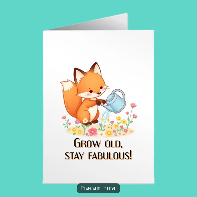 Free Printable Funny Fox Birthday Card: Cute Gardener Fox Watering Flowers
