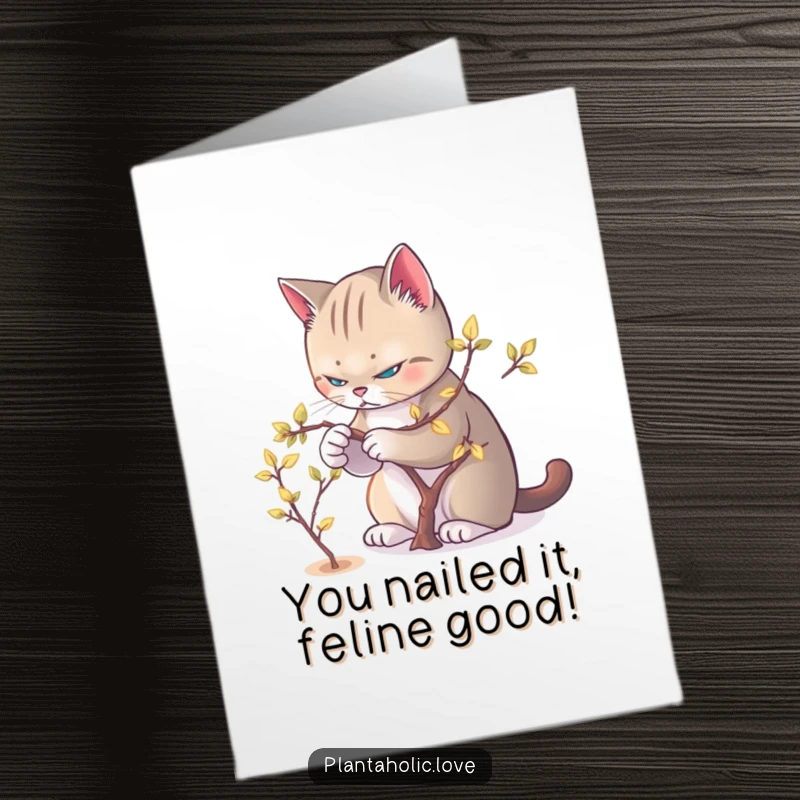 Funny Free Printable Congratulations Card: A serious cat carefully snips glowing leaves from a tiny tree, symbolizing meticulous achievement.
