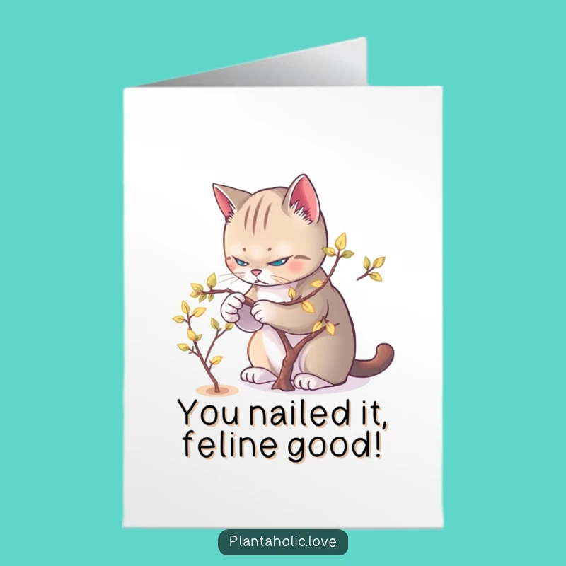 Free Printable Cat Congrats Card: Determined Pruner Cat Celebrates Your Success