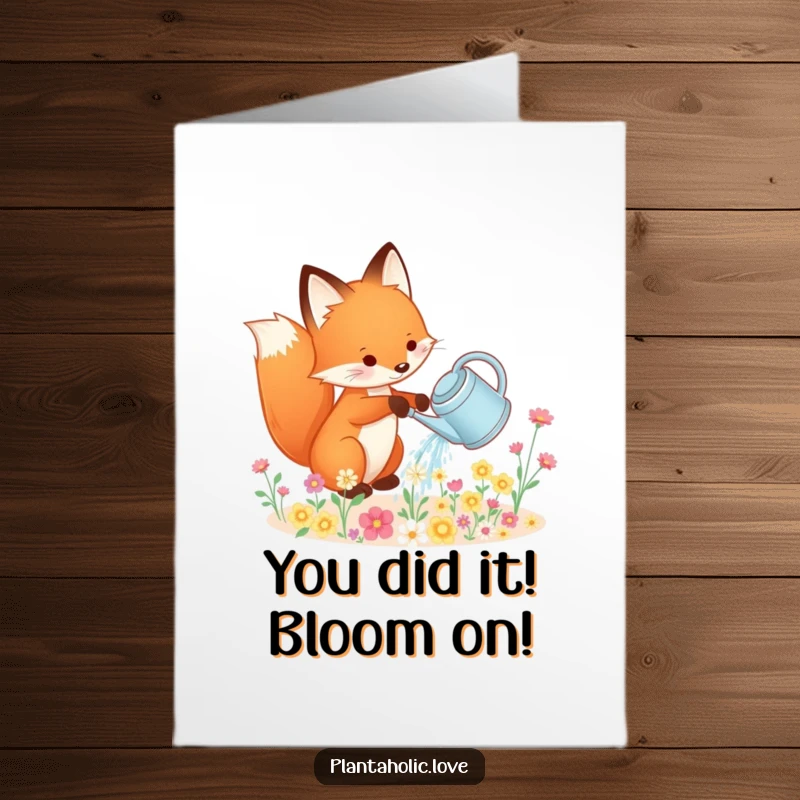 Funny Free Printable Congratulations Card: A joyful fox uses a watering can to nurture delicate, cascading flowers, signifying growth.