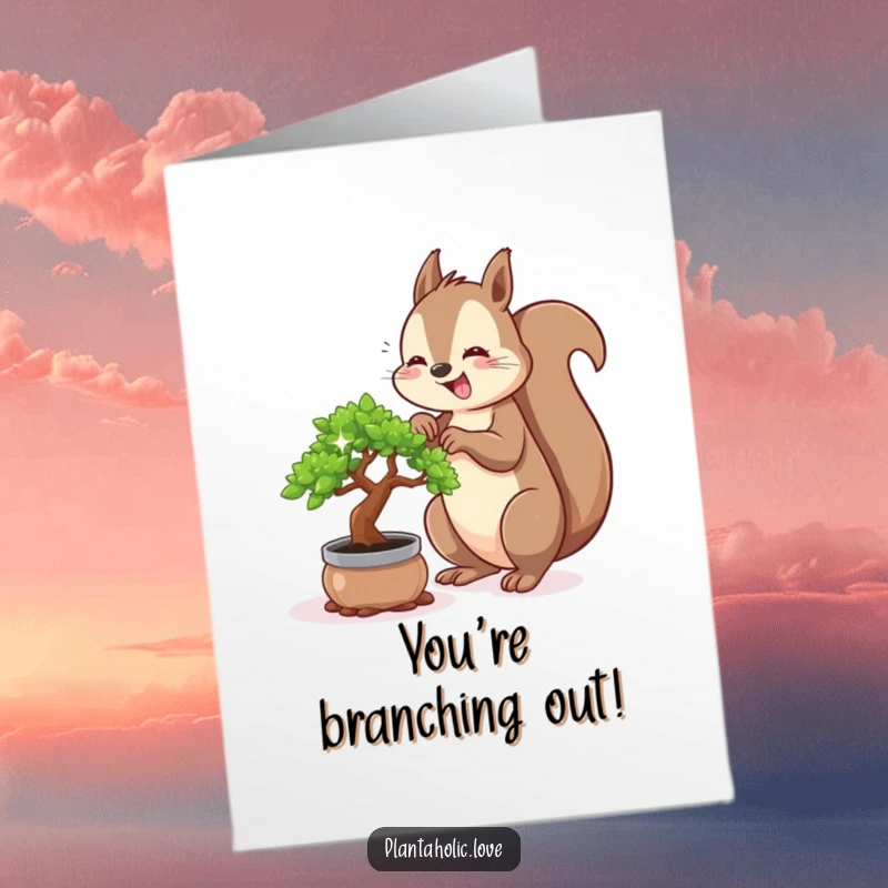 Funny Free Printable Congrats Card: Cheerful squirrel happily repots a sparkling bonsai, celebrating growth.