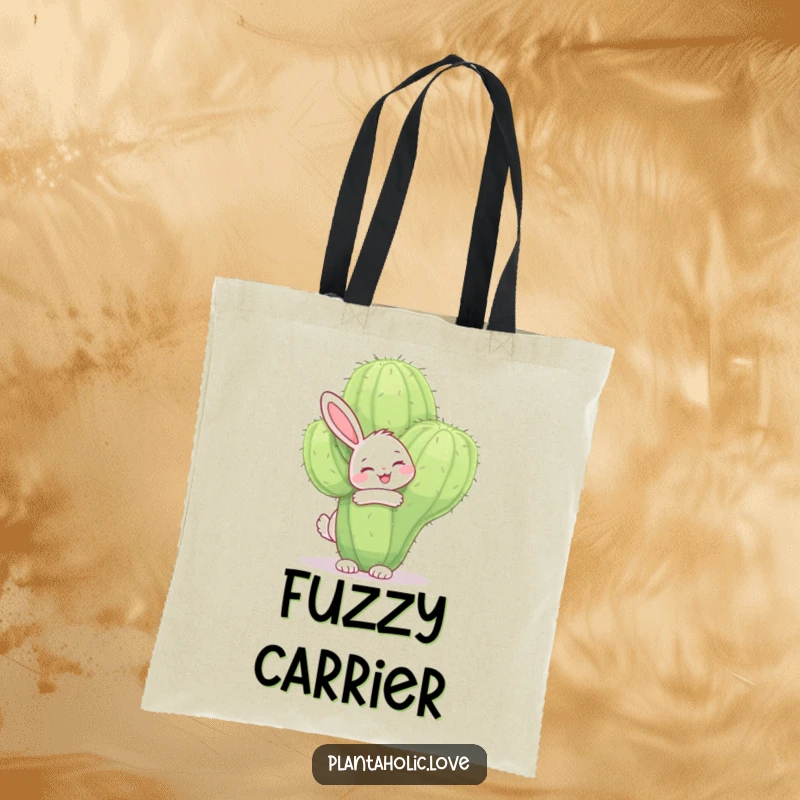 Funny bunny tote bag illustrating a cheerful bunny joyfully hugging a large, fuzzy cactus with a smile, a portable dose of happiness.