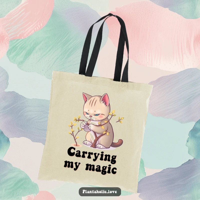 Funny Cat Pruner Tote Bag with a determined cat pruning a miniature tree bearing glowing leaves.