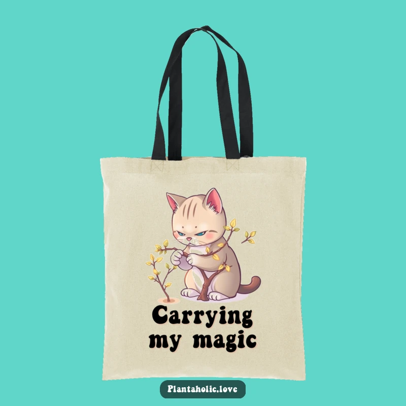 Funny Cat Pruner Tote Bag: Spacious Feline & Glowing Leaves Canvas Bag